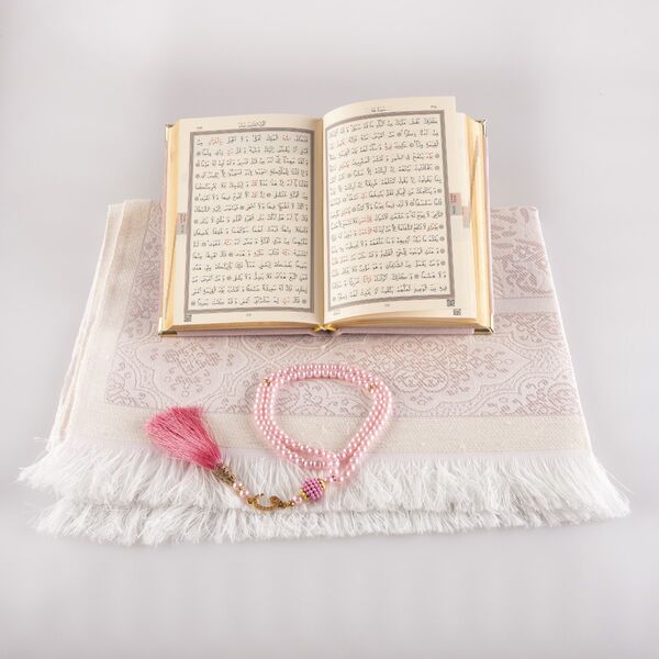Prayer Mat + Salah Beads + Velvet Bound Quran Gift Set (Bag Size, Powder Pink)