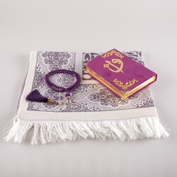 Prayer Mat + Salah Beads + Velvet Bound Quran Gift Set (Bag Size, Purple) - Thumbnail