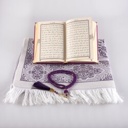 Prayer Mat + Salah Beads + Velvet Bound Quran Gift Set (Bag Size, Purple) - Thumbnail