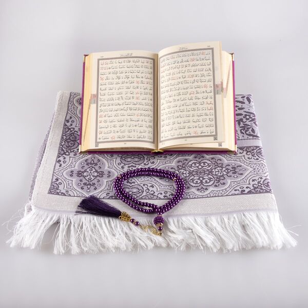 Prayer Mat + Salah Beads + Velvet Bound Quran Gift Set (Bag Size, Purple)