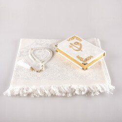 Prayer Mat + Salah Beads + Velvet Bound Quran Gift Set (Bag Size, White1) - Thumbnail