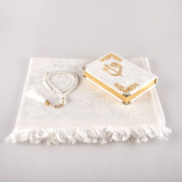 Prayer Mat + Salah Beads + Velvet Bound Quran Gift Set (Bag Size, White1)