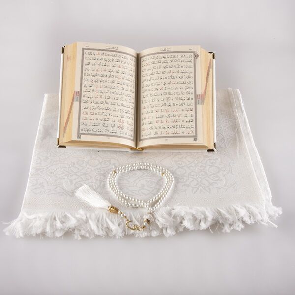 Prayer Mat + Salah Beads + Velvet Bound Quran Gift Set (Bag Size, White1)