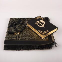 Prayer Mat + Salah Beads + Velvet Bound Quran Gift Set (Hafiz Size, Black1) - Thumbnail
