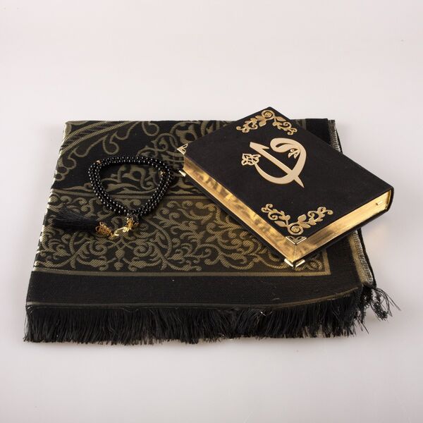 Prayer Mat + Salah Beads + Velvet Bound Quran Gift Set (Hafiz Size, Black1)