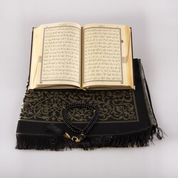 Prayer Mat + Salah Beads + Velvet Bound Quran Gift Set (Hafiz Size, Black1) - Thumbnail