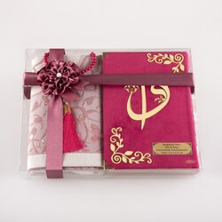 Prayer Mat + Salah Beads + Velvet Bound Quran Gift Set (Hafiz Size, Fuchsia Pink) - Thumbnail