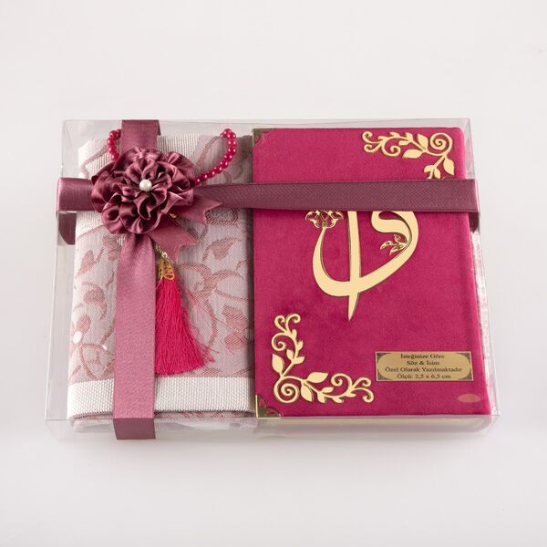 Prayer Mat + Salah Beads + Velvet Bound Quran Gift Set (Hafiz Size, Fuchsia Pink)