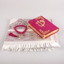Prayer Mat + Salah Beads + Velvet Bound Quran Gift Set (Hafiz Size, Fuchsia Pink) - Thumbnail
