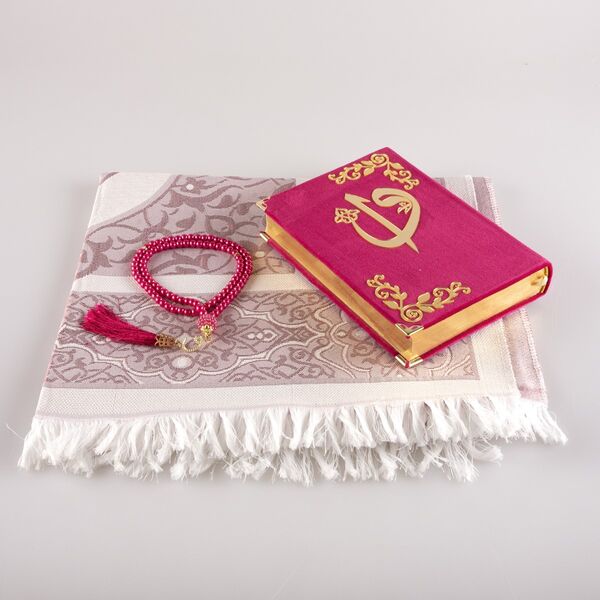 Prayer Mat + Salah Beads + Velvet Bound Quran Gift Set (Hafiz Size, Fuchsia Pink)