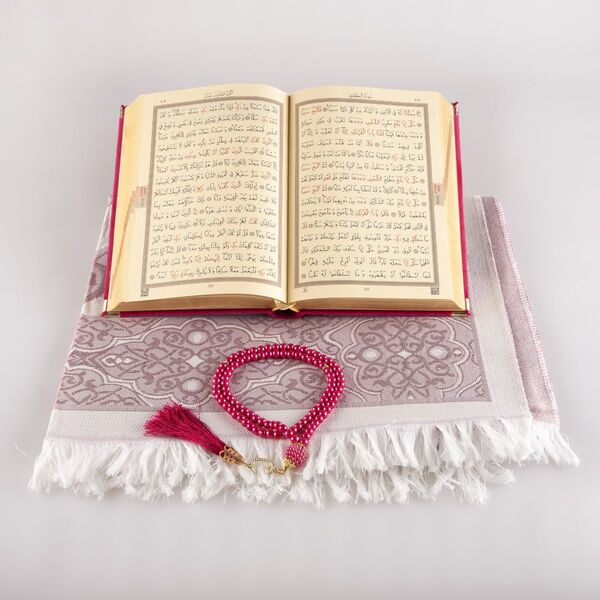 Prayer Mat + Salah Beads + Velvet Bound Quran Gift Set (Hafiz Size, Fuchsia Pink)