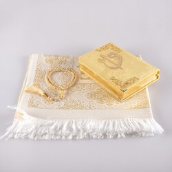 Prayer Mat + Salah Beads + Velvet Bound Quran Gift Set (Hafiz Size, Gold1) - Thumbnail