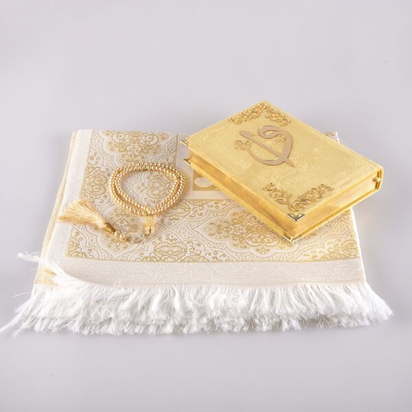 Prayer Mat + Salah Beads + Velvet Bound Quran Gift Set (Hafiz Size, Gold1)
