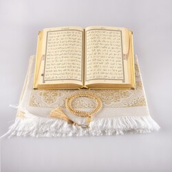 Prayer Mat + Salah Beads + Velvet Bound Quran Gift Set (Hafiz Size, Gold1) - Thumbnail