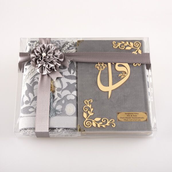 Prayer Mat + Salah Beads + Velvet Bound Quran Gift Set (Hafiz Size, Grey)