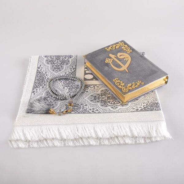Prayer Mat + Salah Beads + Velvet Bound Quran Gift Set (Hafiz Size, Grey)