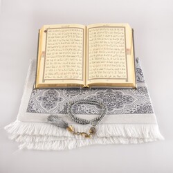 Prayer Mat + Salah Beads + Velvet Bound Quran Gift Set (Hafiz Size, Grey) - Thumbnail