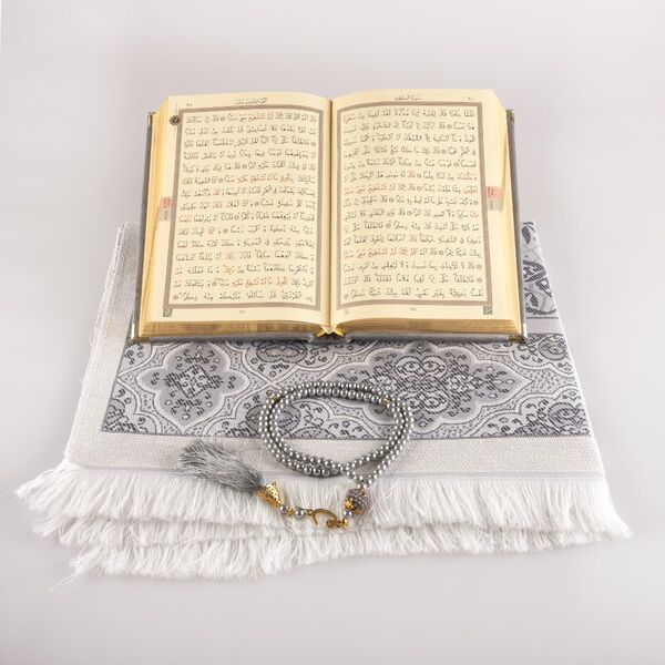 Prayer Mat + Salah Beads + Velvet Bound Quran Gift Set (Hafiz Size, Grey)