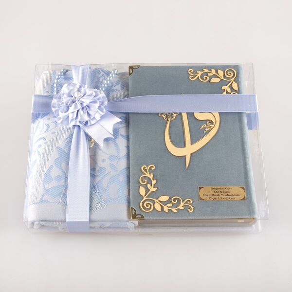 Prayer Mat + Salah Beads + Velvet Bound Quran Gift Set (Hafiz Size, Light Blue)