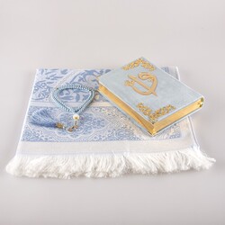 Prayer Mat + Salah Beads + Velvet Bound Quran Gift Set (Hafiz Size, Light Blue) - Thumbnail