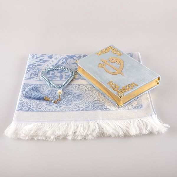 Prayer Mat + Salah Beads + Velvet Bound Quran Gift Set (Hafiz Size, Light Blue)