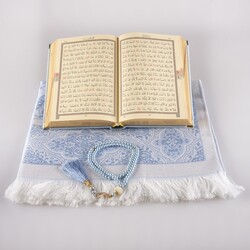 Prayer Mat + Salah Beads + Velvet Bound Quran Gift Set (Hafiz Size, Light Blue) - Thumbnail
