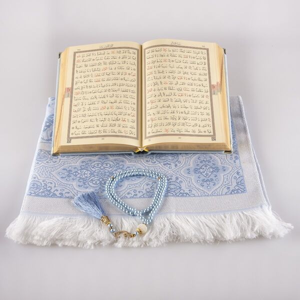 Prayer Mat + Salah Beads + Velvet Bound Quran Gift Set (Hafiz Size, Light Blue)