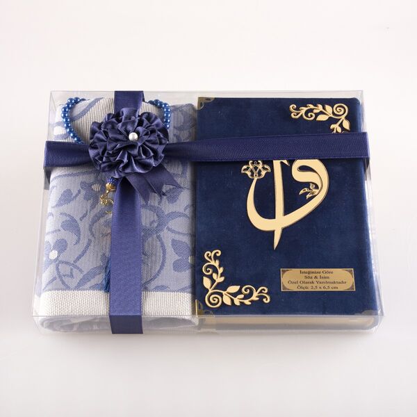 Prayer Mat + Salah Beads + Velvet Bound Quran Gift Set (Hafiz Size, Navy Blue)