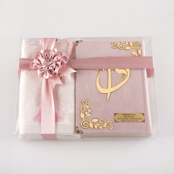 Prayer Mat + Salah Beads + Velvet Bound Quran Gift Set (Hafiz Size, Powder Pink)