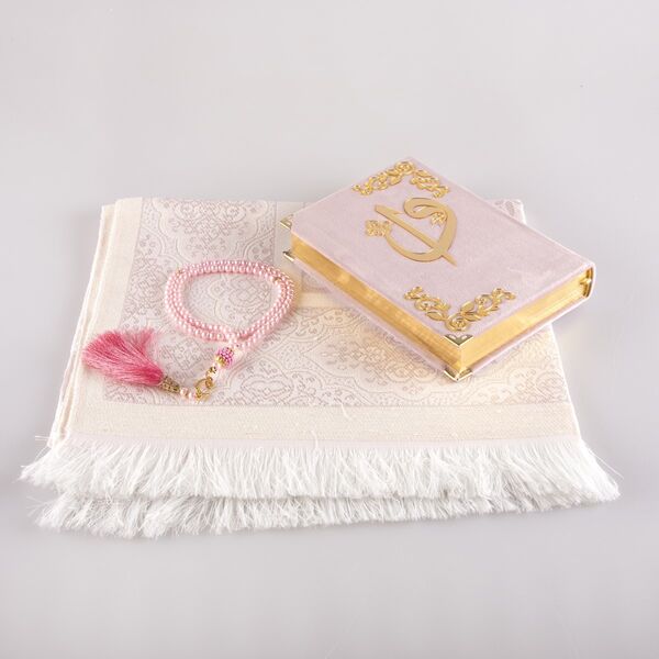 Prayer Mat + Salah Beads + Velvet Bound Quran Gift Set (Hafiz Size, Powder Pink)