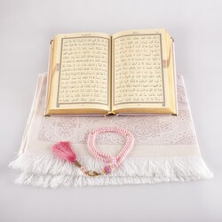 Prayer Mat + Salah Beads + Velvet Bound Quran Gift Set (Hafiz Size, Powder Pink) - Thumbnail