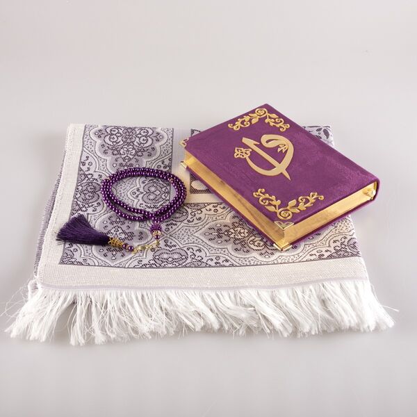 Prayer Mat + Salah Beads + Velvet Bound Quran Gift Set (Hafiz Size, Purple)