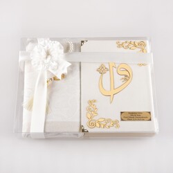 Prayer Mat + Salah Beads + Velvet Bound Quran Gift Set (Hafiz Size, White1) - Thumbnail