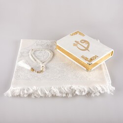 Prayer Mat + Salah Beads + Velvet Bound Quran Gift Set (Hafiz Size, White1) - Thumbnail