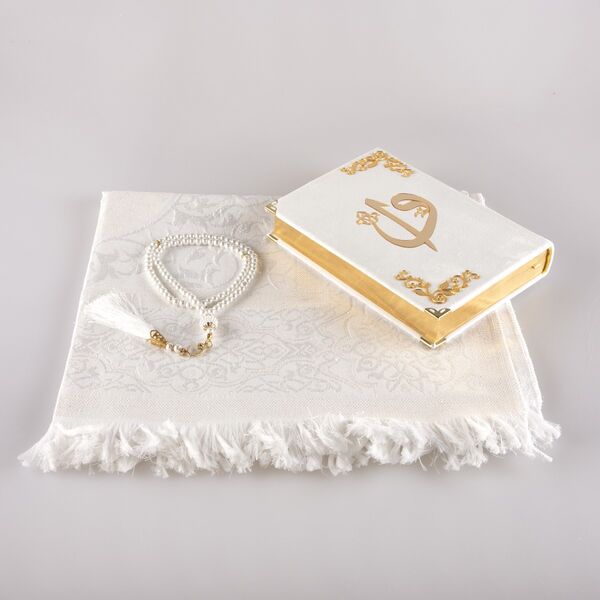 Prayer Mat + Salah Beads + Velvet Bound Quran Gift Set (Hafiz Size, White1)