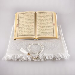 Prayer Mat + Salah Beads + Velvet Bound Quran Gift Set (Hafiz Size, White1) - Thumbnail