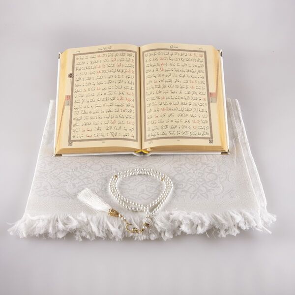 Prayer Mat + Salah Beads + Velvet Bound Quran Gift Set (Hafiz Size, White1)