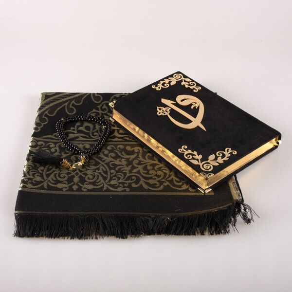 Prayer Mat + Salah Beads + Velvet Bound Quran Gift Set (Medium Size, Black1)