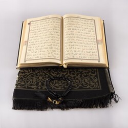 Prayer Mat + Salah Beads + Velvet Bound Quran Gift Set (Medium Size, Black1) - Thumbnail