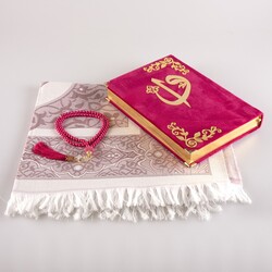 Prayer Mat + Salah Beads + Velvet Bound Quran Gift Set (Medium Size, Fuchsia Pink) - Thumbnail