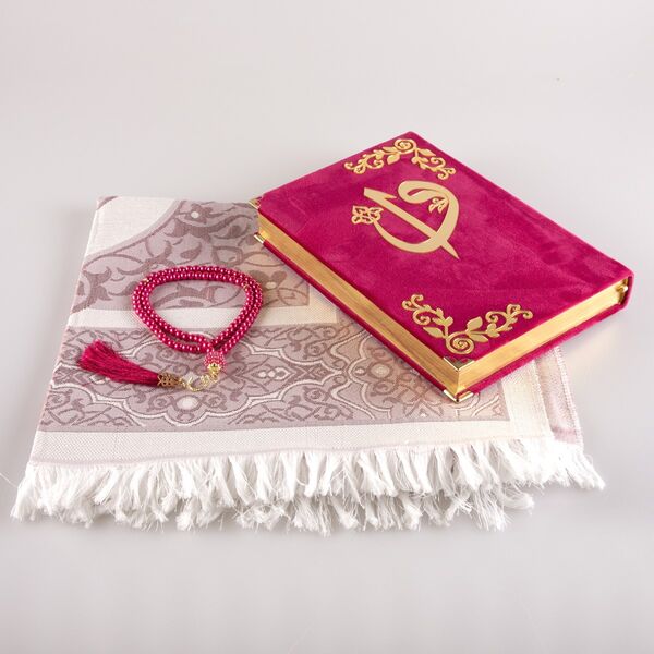 Prayer Mat + Salah Beads + Velvet Bound Quran Gift Set (Medium Size, Fuchsia Pink)