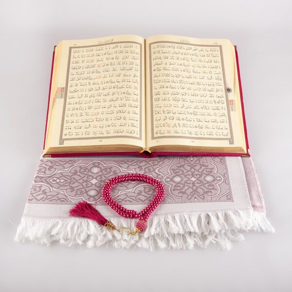 Prayer Mat + Salah Beads + Velvet Bound Quran Gift Set (Medium Size, Fuchsia Pink)