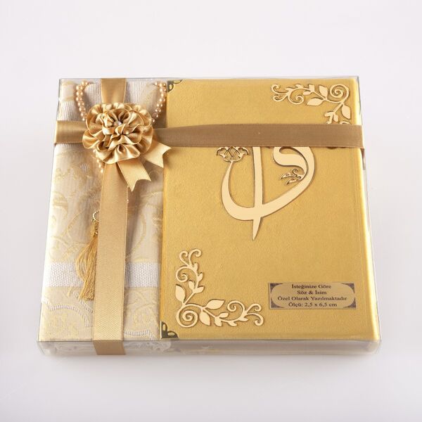 Prayer Mat + Salah Beads + Velvet Bound Quran Gift Set (Medium Size, Gold1)