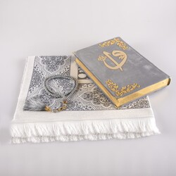 Prayer Mat + Salah Beads + Velvet Bound Quran Gift Set (Medium Size, Grey) - Thumbnail