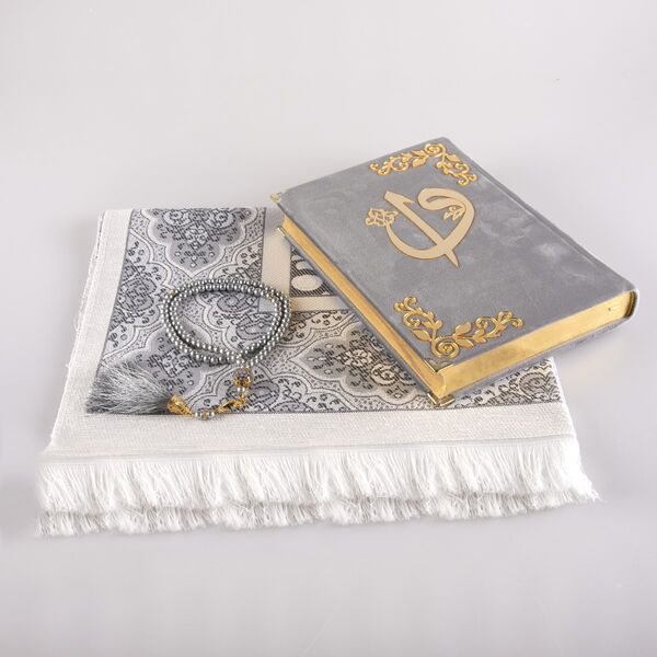 Prayer Mat + Salah Beads + Velvet Bound Quran Gift Set (Medium Size, Grey)