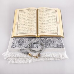 Prayer Mat + Salah Beads + Velvet Bound Quran Gift Set (Medium Size, Grey) - Thumbnail