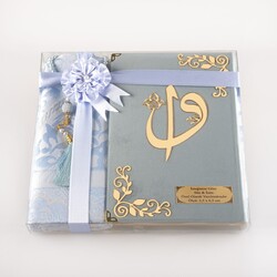 Prayer Mat + Salah Beads + Velvet Bound Quran Gift Set (Medium Size, Light Blue) - Thumbnail