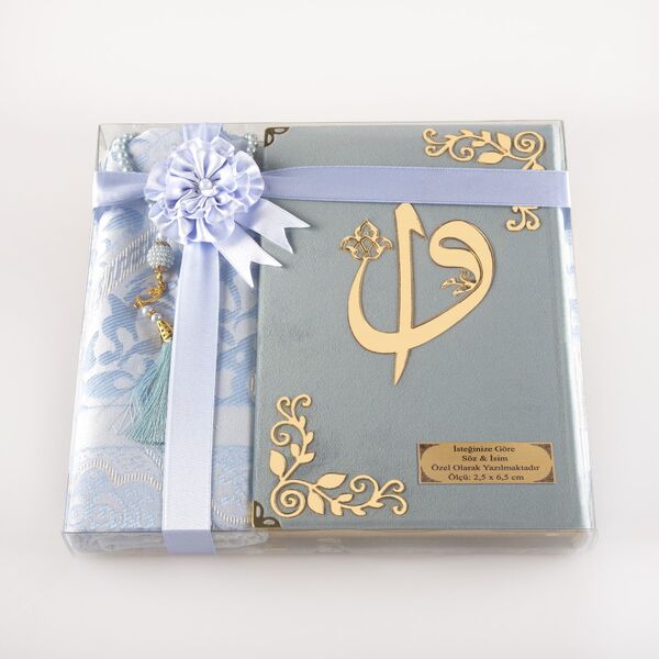 Prayer Mat + Salah Beads + Velvet Bound Quran Gift Set (Medium Size, Light Blue)