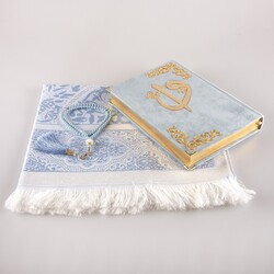 Prayer Mat + Salah Beads + Velvet Bound Quran Gift Set (Medium Size, Light Blue) - Thumbnail