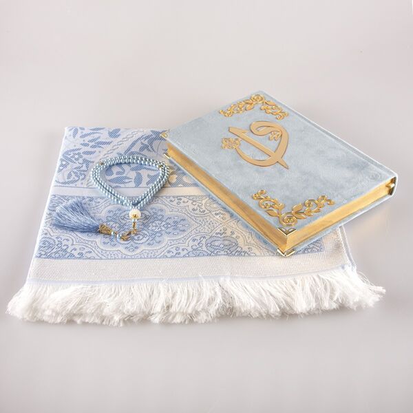 Prayer Mat + Salah Beads + Velvet Bound Quran Gift Set (Medium Size, Light Blue)